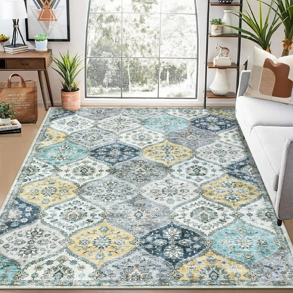 Aoile Washable Area Rugs 10' x 13', Moroccan Trellis Rug Non-slip Stain Resistant Accent Rug Vintage Distressed Floral Floor Cover Carpet for Dining Room Office Entry Rug, Blue/Yellow