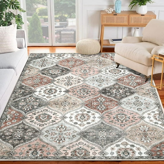 Aoile Washable Area Rugs 5' x 7', Moroccan Trellis Rug Non-slip Stain Resistant Accent Rug Vintage Distressed Floral Floor Cover Carpet for Dining Room Office Entry Rug, Pink/Grey