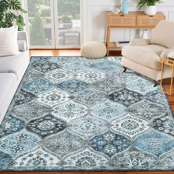 Aoile Washable Area Rugs 8' x 10', Moroccan Trellis Rug Non-slip Stain Resistant Accent Rug Vintage Distressed Floral Floor Cover Carpet for Dining Room Office Entry Rug, Blue/Grey