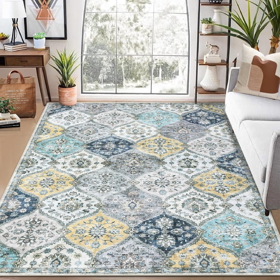 Aoile Washable Area Rugs 8' x 10', Moroccan Trellis Rug Non-slip Stain Resistant Accent Rug Vintage Distressed Floral Floor Cover Carpet for Dining Room Office Entry Rug, Blue/Yellow