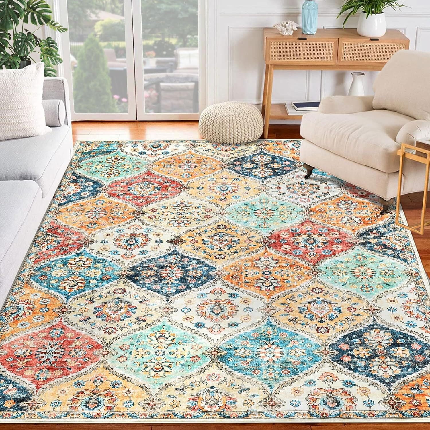 Aoile Washable Area Rugs 8' x 10', Moroccan Trellis Rug Non-slip Stain Resistant Accent Rug Vintage Distressed Floral Floor Cover Carpet for Dining Room Office Entry Rug, Orange Multi