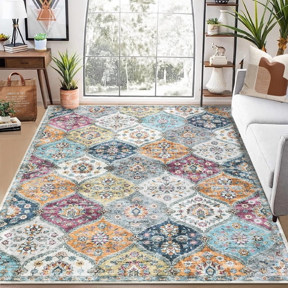 Aoile Washable Area Rugs 9' x 12', Moroccan Trellis Rug Non-slip Stain Resistant Accent Rug Vintage Distressed Floral Floor Cover Carpet for Dining Room Office Entry Rug, Purple Multi