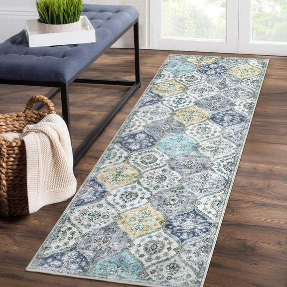 Aoile Washable Runner Rugs 2' x 6', Moroccan Trellis Rug Non-slip Stain Resistant Accent Rug Vintage Distressed Floral Floor Cover Carpet for Hallway Entryway, Blue/Yellow
