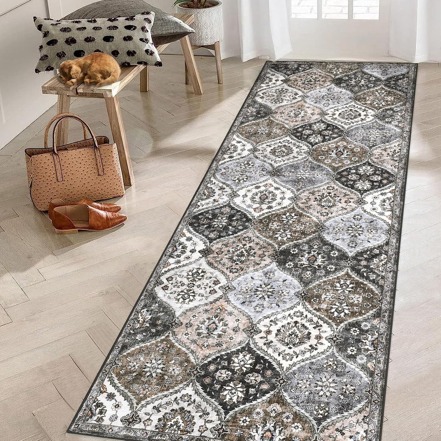Aoile Washable Runner Rugs 2' x 6', Moroccan Trellis Rug Non-slip Stain Resistant Accent Rug Vintage Distressed Floral Floor Cover Carpet for Hallway Entryway, Grey/Brown