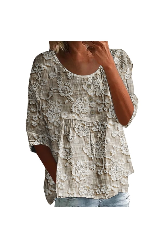 3/4 Length Sleeve Womens,Oversized Loose Fit Short Sleeve Tops Crew Neck Collared Button Down Shirt Top Business Casual Basic Tee Loose Fit Fashion Blouses Beige L