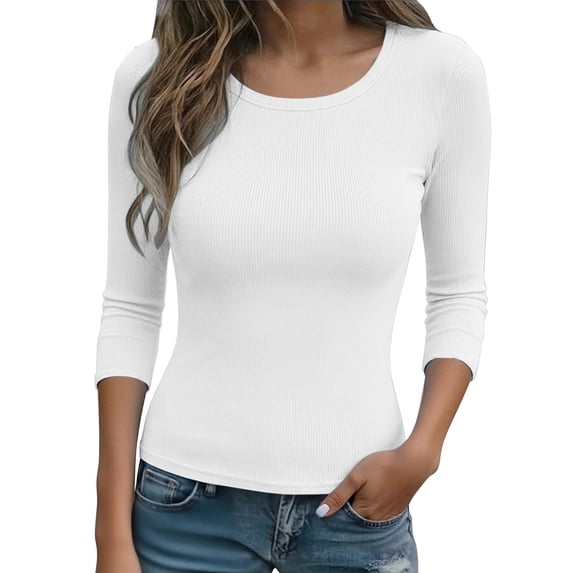 Aoiroe 3/4 Sleeve Tops for Women,Stretch Layering Tee Shirts Basic Tops Casual Clothes Soft Stretch Crewneck Shirt for Work & Casual Round Neck Dressy Basics Tees White L