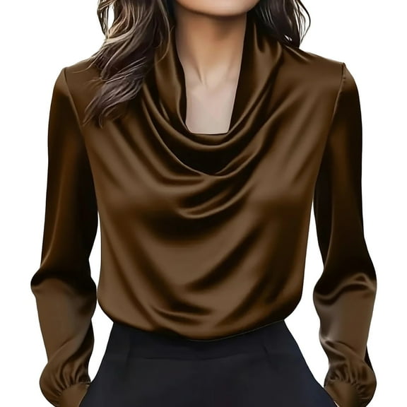 Aoiroe Cowl Neck Tops For Women,Casual Lightweight V Neck Top,Womens Dress Shirts Long Sleeve,Shirts Ruched Top,Work Clothes For Women 2025,Long Sleeve Tops For Women,Christmas Clothes,Coffee,2XL