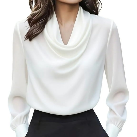 Aoiroe Cowl Neck Tops For Women,Casual Lightweight V Neck Top,Womens Dress Shirts Long Sleeve,Shirts Ruched Top,Work Clothes For Women 2025,Long Sleeve Tops For Women,Christmas Clothes,White,S