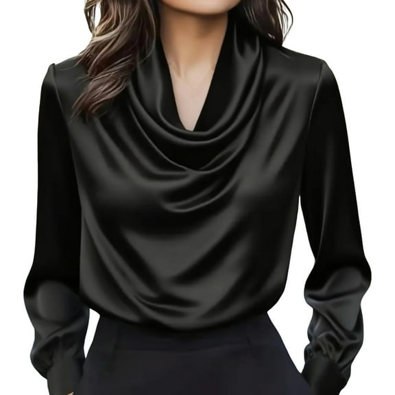 Aoiroe Cowl Neck Tops For Women,Casual Lightweight V Neck Top,Womens Dress Shirts Long Sleeve,Shirts Ruched Top,Work Clothes For Women 2025,Long Sleeve Tops For Women,Christmas Clothes,Black,2XL