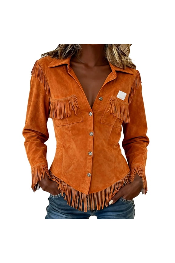 Fringe Jacket Women Vintage Cowgirl Style Tassel Button Up Long Sleeve Lapel Womens Western Jacket 2026 Orange M