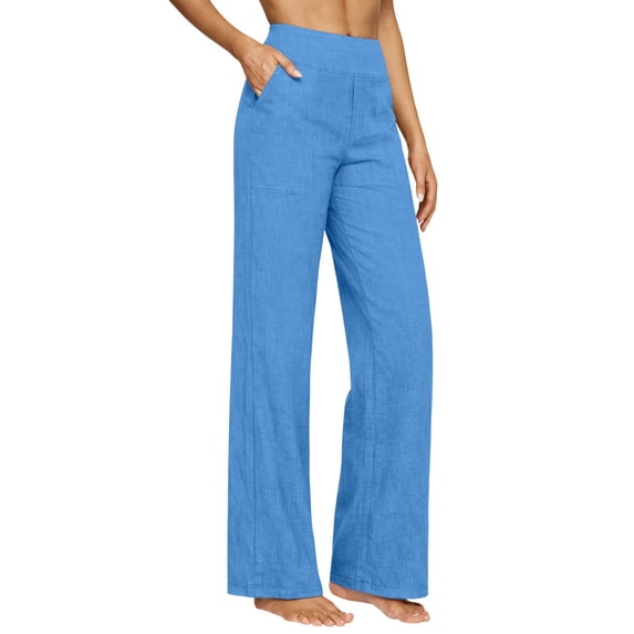 Aoiroe Linen Pants for Women Summer Casual High Waisted Beach Pant Light blue 3XL