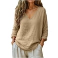 thumbnail image 1 of Aoiroe Linen Tops for Women 3/4 Sleeve V Neck Cotton Shirts Casual Jacquard Boho Blouse Khaki XL, 1 of 6