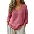 thumbnail image 1 of Aoiroe Linen Tops for Women 3/4 Sleeve V Neck Cotton Shirts Casual Jacquard Boho Blouse Pink L, 1 of 6