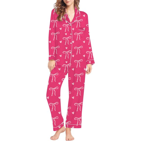 Aoiroe Long Sleeve Pajama Set for Women,2-Piece Silky Pj Set Pajamas For Women Set Long Sleeve Oversized Sleepwear with Pockets Satin Pajamas Long Pants Loose Lounge Sets Z1-Hot Pink M