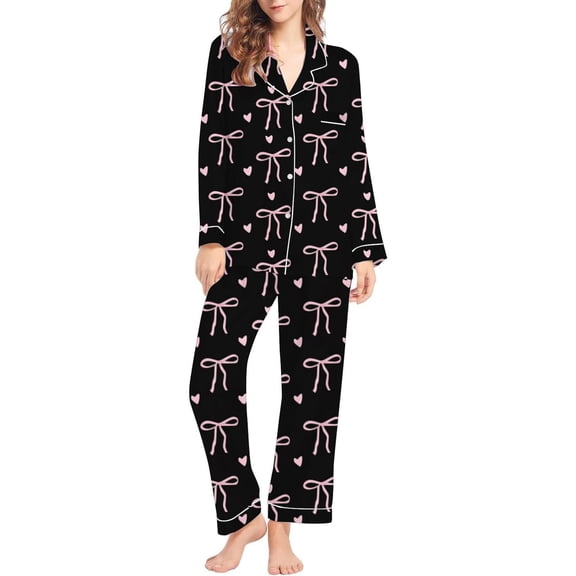 Aoiroe Long Sleeve Pajama Set for Women,Classic Pattern Silky Pj Sets Silky Ladies Button Down Loungewear Long Pants Loose Lounge Sets Galentines Day Pajamas Z1-Black M