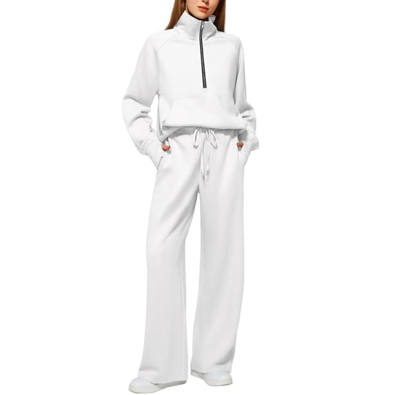 Aoiroe Lounge Sets for Women,Fashion Wide Leg Tracksuit 2 Piece Outfits Two Piece Crewneck Sweatshirts Sets 2 Piece Travel Sweatsuits 2 Piece Sweatsuit Outfits White 2XL