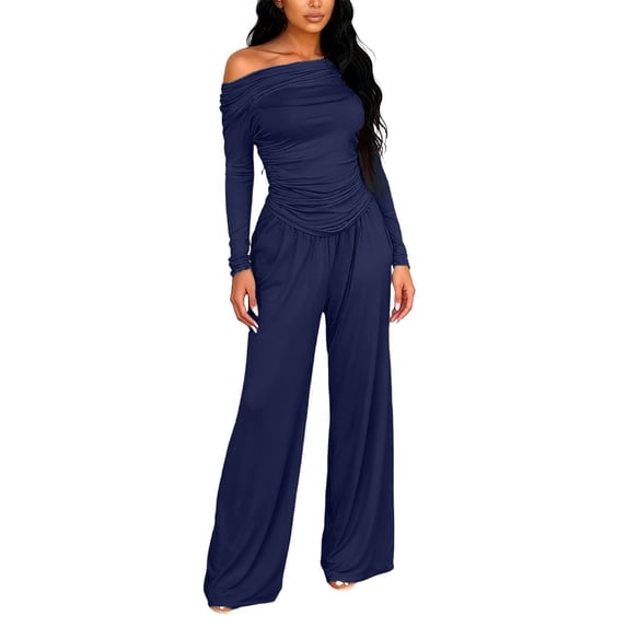 Aoiroe Lounge Sets for Women,Summer Fashion Lounge Matching Set Casual Outfits Tracksuit Casual Summer Travel Vacation Outfits Going Out Wide Leg Pants Set Dark blue XL