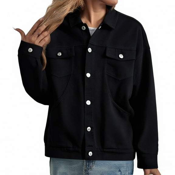 Aoiroe Oversized Jean Jacket Sweatshirt For Women Oversized Casual Loose Solid Jean Outfits For Women Solid Sweatshirt Jean Jacket Plus Size Women Jacket For Women Black L