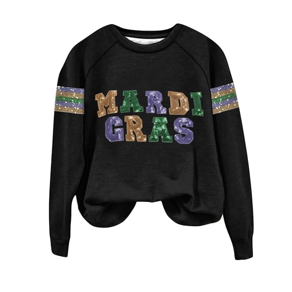 Aoiroe Women 2026 Holiday Casual Mardi Gras Sweatshirts Long Sleeve Sequin Sweatshirt Fashion Glitter Hoodies Outfits Black L
