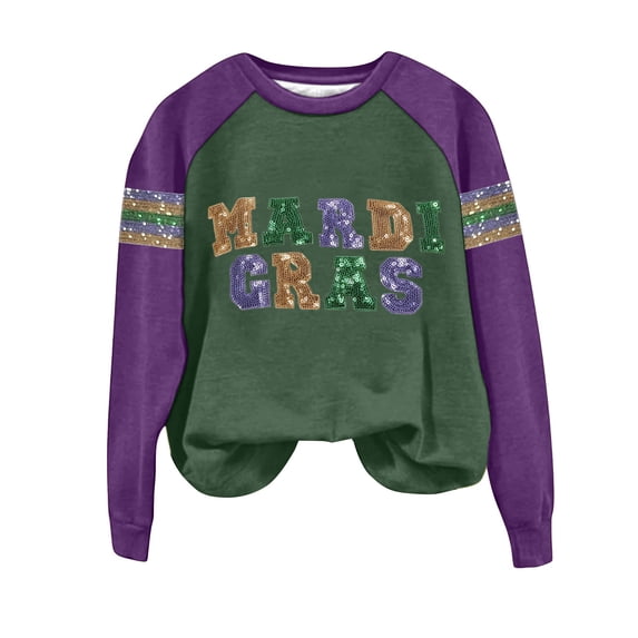 Aoiroe Women 2026 Holiday Casual Mardi Gras Sweatshirts Long Sleeve Sequin Sweatshirt Fashion Glitter Hoodies Outfits Green XL