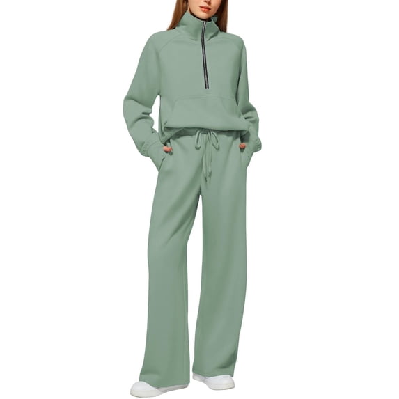 Aoiroe Women Fall 2 Piece Lounge Outfit,Lounge Fall Sweatpants Vacation Travel Airport Outfits Long Sleeve Pullover Sweatshirt Pants Set Tracksuit Casual Travel Outfits Green M