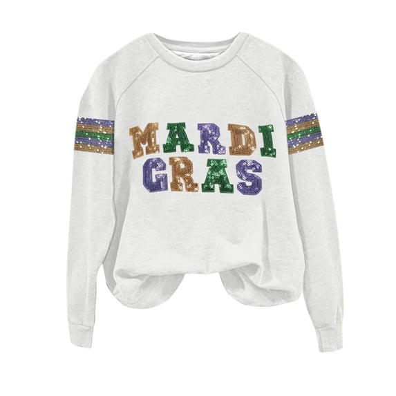 Aoiroe Women Mardi Gras Sweatshirts Carnival Sweatshirt Funny Graphic Long Sleeve Shirt Fat Tuesday Pullover Top White 2XL