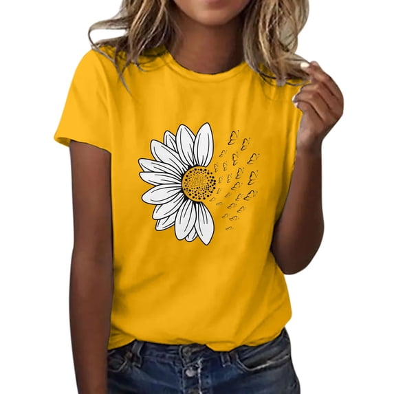 Aoiroe Women'S Basic Short Sleeve Tee Boho Shirts For Women Essential Tee Womens Shirts Trendy Crew Neck Tops For Women Ladies Tops And Blouses Oversized Graphic Tshirts For Women Yellow 2XL