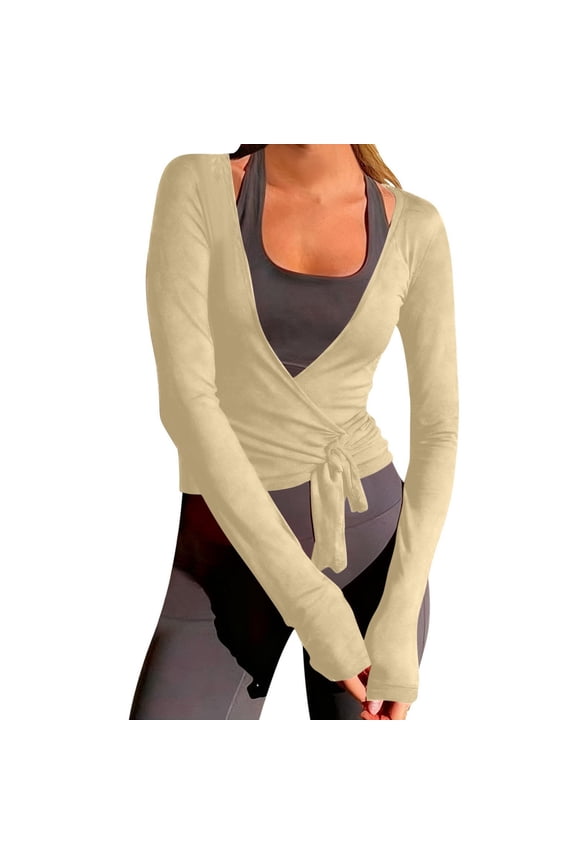 Women Wrap Tie Tops Lightweight Slim Fit Ballet Pilates Yoga Workout Active Shirts Long Sleeve V Neck Casual Tees Beige S
