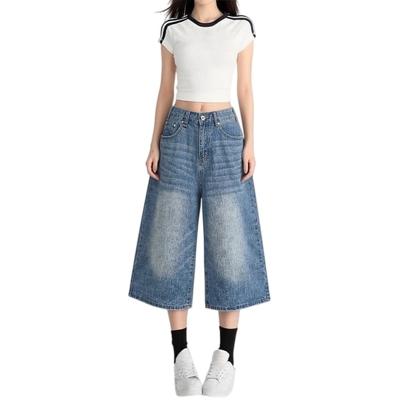 Aoiroe Women's Capri Jeans High Waisted 2026 Summer Fashion Straight Leg Denim Capri Pants Light blue XL