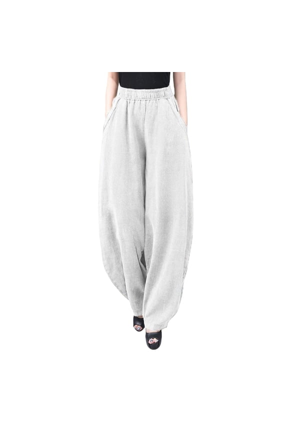 Women's Cotton Linen Summer Palazzo Pants Flowy Wide Leg Beach Trousers with Pockets White M