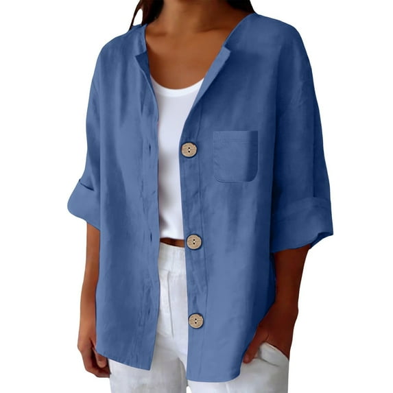 Aoiroe Women's Cotton Linen V Neck Button Down Shirt Long/Roll Up Sleeve Casual Collared Work Blouse Top Blue 2XL