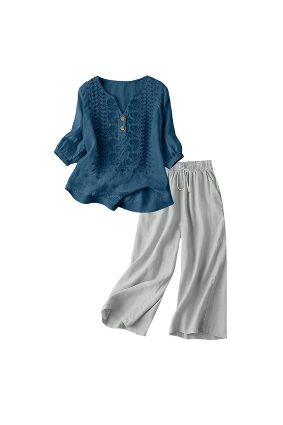 Women's Cotton and Linen Solid Color Suit 2-Piece Vintage 3/4 Sleeve top Wide Leg Pants Casual Suit with Pockets Navy M