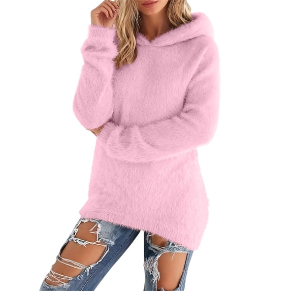 Aoiroe Women's Fuzzy Cozy Sweaters,Crew Neck Long Sleeve Pullover,Athletic Fleece Sweatshirt,Oversized Solid Sweaters,Womens Fuzzy Pullover,Womens Oversized Sweater Pink XL