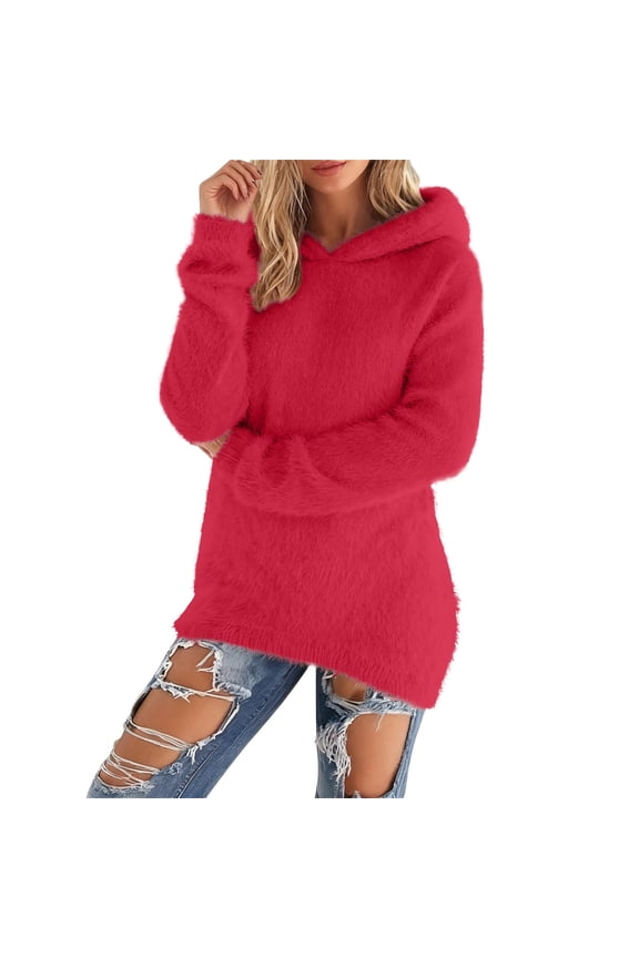 Women's Fuzzy Cozy Sweaters,Women's Long Sleeve Fuzzy Knitted Sweater,Fall Sweater,2026 Fall Pullover Sweater Tops,Casual Crewneck Pullover,Trendy Basic Jumper Top Red M