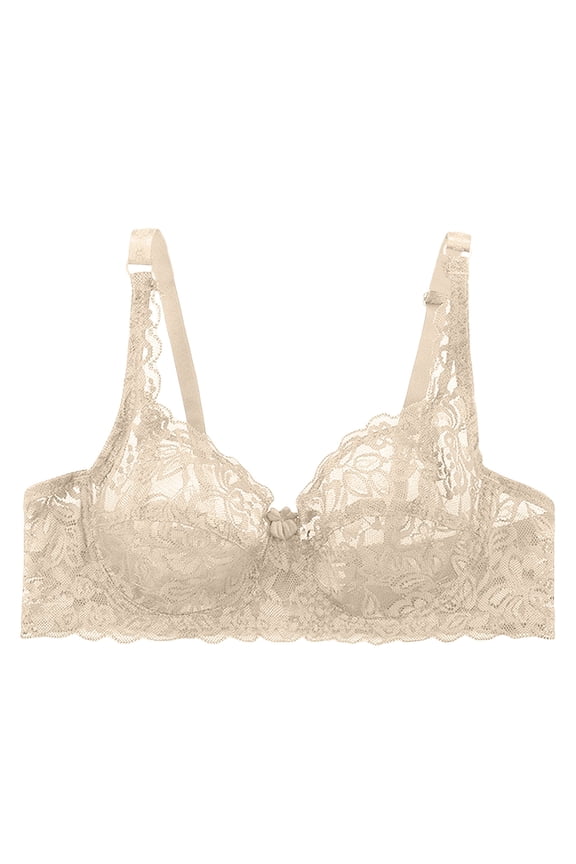 Women's Lace Bra Demi Sheer Mesh Balconette See Through Bralette Unlined Underwire Embroidered Beige
