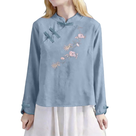 Aoiroe Women's Linen Shirts Retro Mandarin Collar Chinese Frog Button Tops Blouse Blue M