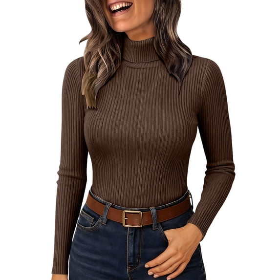 Aoiroe Women's Mock Turtleneck Long Sleeve ShirtsWomen's Scoop Neck Tops, Long Sleeve Lightweight Knit Pullover Sweater Tops, Lightweight Long Sleeve Casual Trendy Tops Winter Clothes, Coffee L
