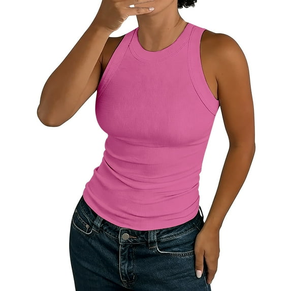 Aoiroe Women's Ribbed Knit Tank Tops,Spring Outfits 2026 Slim Fitted Racerback Shirts Casual Layering Basic Tanks Top Athletic Running Tank Tops for Women Pink M
