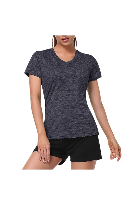 Women's V-Neck T Shirts Short Sleeve Sun Protection Performance Quick Dry Athletic Workout Tee Tops Dark Gray L