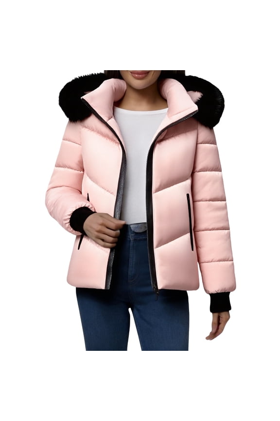 Women's Warm Winter Puffer Coat Thicken Fleece Lined Down Jacket Faux Fur Detachable Hood Snow Parka Pink XS