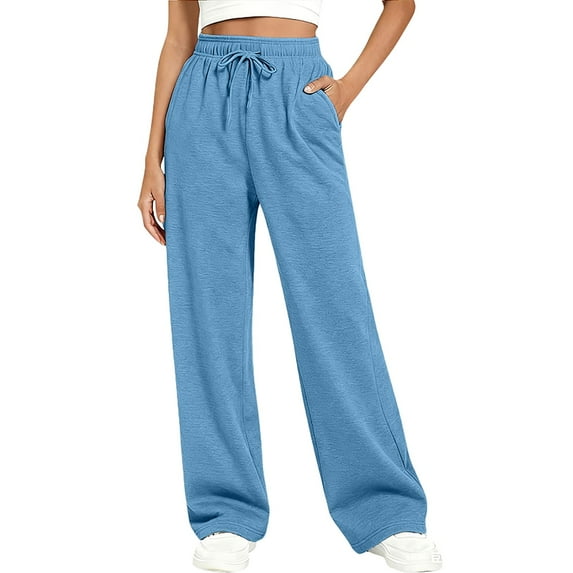 Aoiroe Womens High Waisted Drawstring Sweatpants Straight Leg Pants Side Hidden Pockets Sweat Pants Sky Blue XL