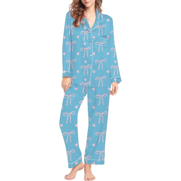 Aoiroe Womens Satin Pajama Set,2 Piece Print PJs Soft Loungewear Button Down Sleepwear Satin Pajamas Fall Winter Long Sleeve 2 Piece Sleepwear Heart Pajamas Z1-Sky Blue L