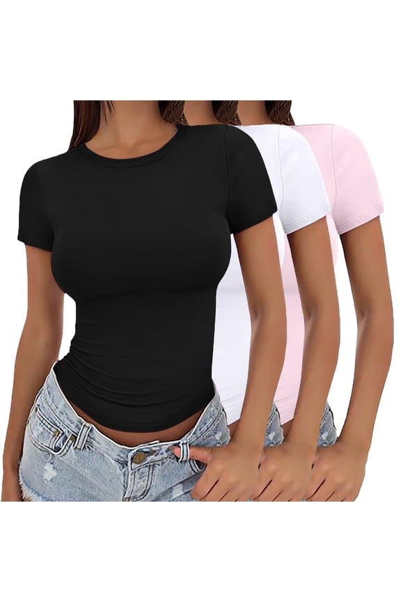 Womens Short Sleeve Cropped T-Shirts,Cute Tight Basic Tops Tee Compression Tight Fitted Clothes Loose Fit Basic Tees Basic Tee Tops Lightweight Crop Tops Tight Shirts B XS