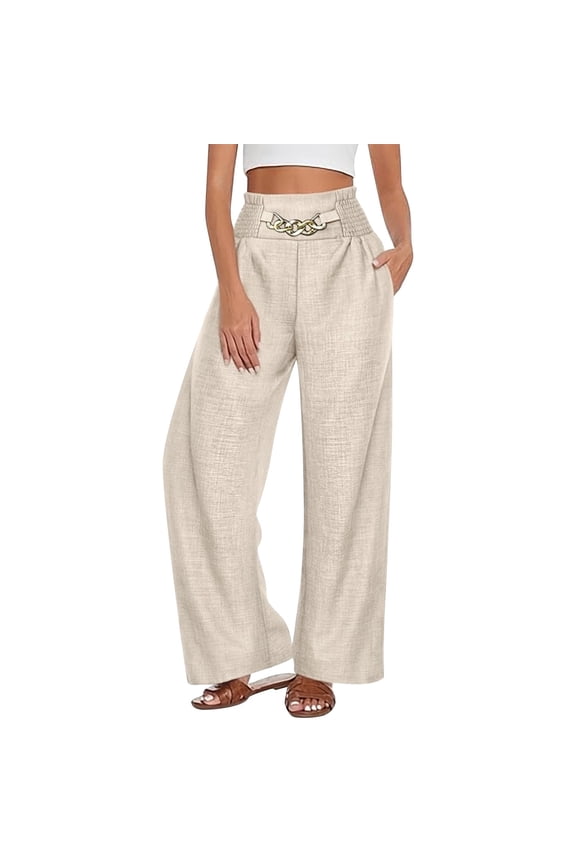 Womens Spring Wide Leg Trousers,Casual Elastic Waisted Palazzo 2026 High Elastic Waist Loose Long Palazzo Baggy Wide Leg Pants Loose Dress Pants Stretchy Trousers Beige M
