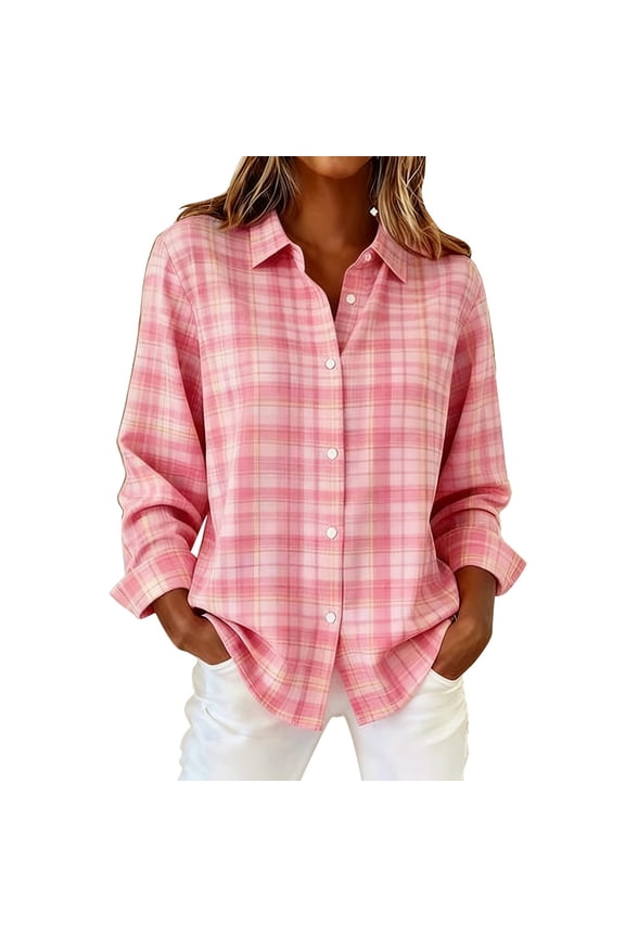 Womens Tops,Fashion Clothing,Tartan Plaid Blouse,Flannel Button Up Women,Shackets For Women 2025,Cute Tops For Women,Blouses For Women Dressy Casual,Hot Pink,L
