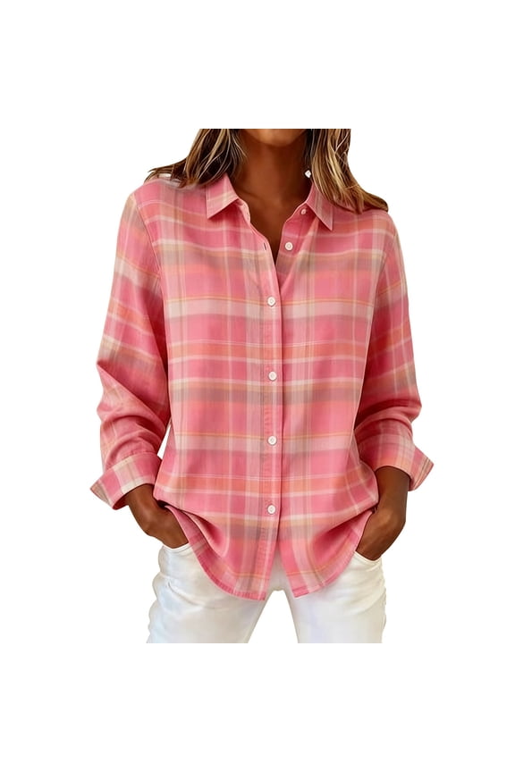 Womens Tops,Fashion Clothing,Tartan Plaid Blouse,Flannel Button Up Women,Shackets For Women 2025,Cute Tops For Women,Blouses For Women Dressy Casual,Pink,S