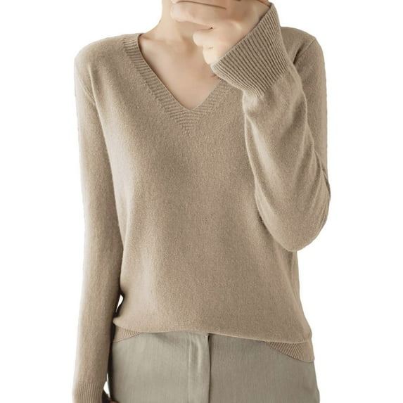 Aoiroe Womens V Neck Sweaters,Long Sleeve Business Casual Tops Business Casual Outfits V Neck Lightweight Crochet Pullover Sweater Top Lightweight Soft Pullover Khaki L