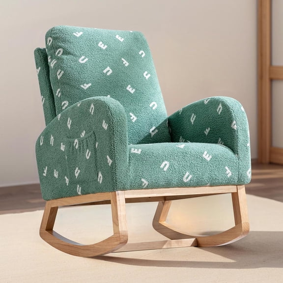 Aoiy & Wifon Rocking Chair Nursery with Side Pocket, High Backrest Rocking Chair, Comfy Glider Rocking Chair, Boucle, Green