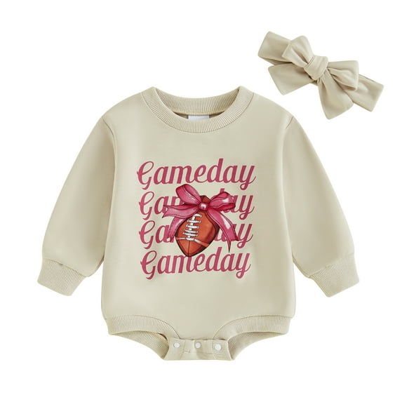 Aojekbee 2-Piece Baby Girls Set Football Letter Bow Print Long Sleeve Sweatshirt Romper Headband Adorable Outfits