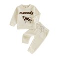 thumbnail image 1 of Aojekbee 2-Piece Toddler Boys Waffle Set Letter Cow Embroidered Long Sleeve Round Neck Tops Drawstring Pocket Long Pants Outfits, 1 of 10